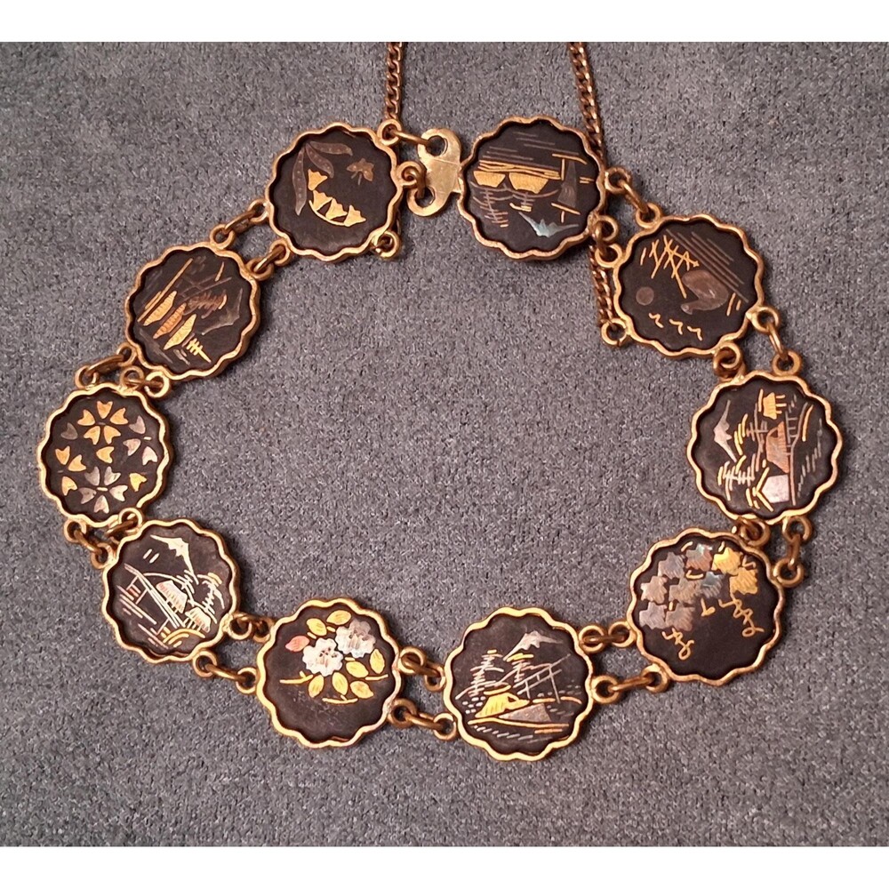 Vintage Amita Damascene Bracelet 10 Panels Japan